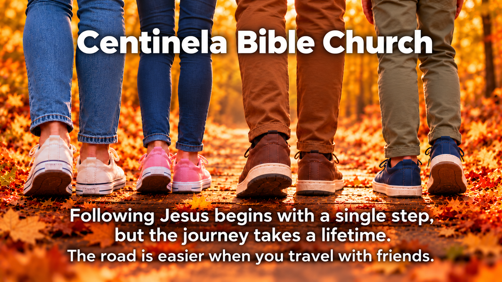Illustrated autumn walkway with four people walking together, with Centinela Bible Church and an invitation to follow Jesus for a lifetime written over the scene.