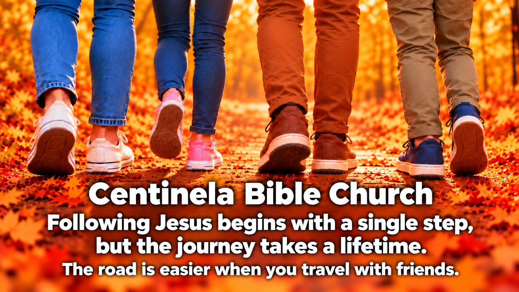 Illustrated autumn walkway with four people walking together, with Centinela Bible Church and an invitation to follow Jesus for a lifetime written over the scene.